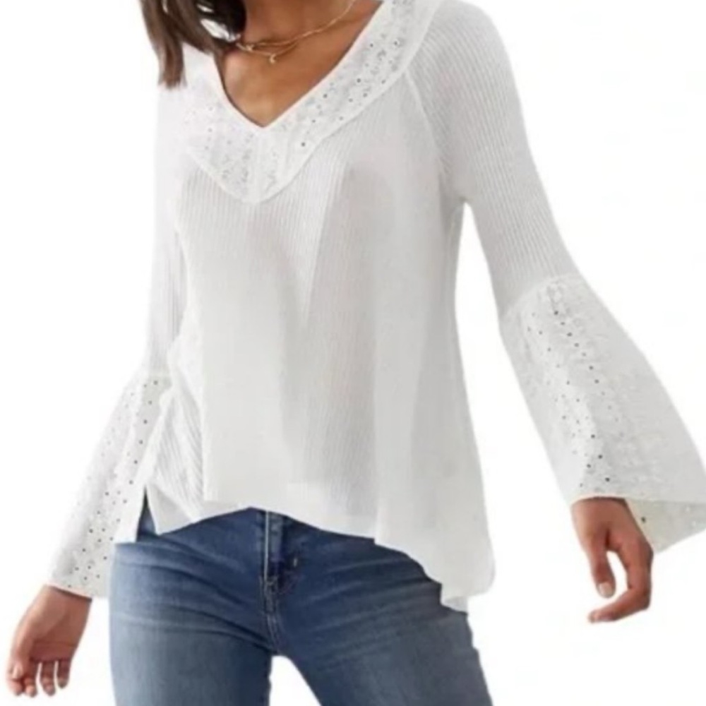 Free People Parisian Nights Ivory Textured Blouse with Lace Accents